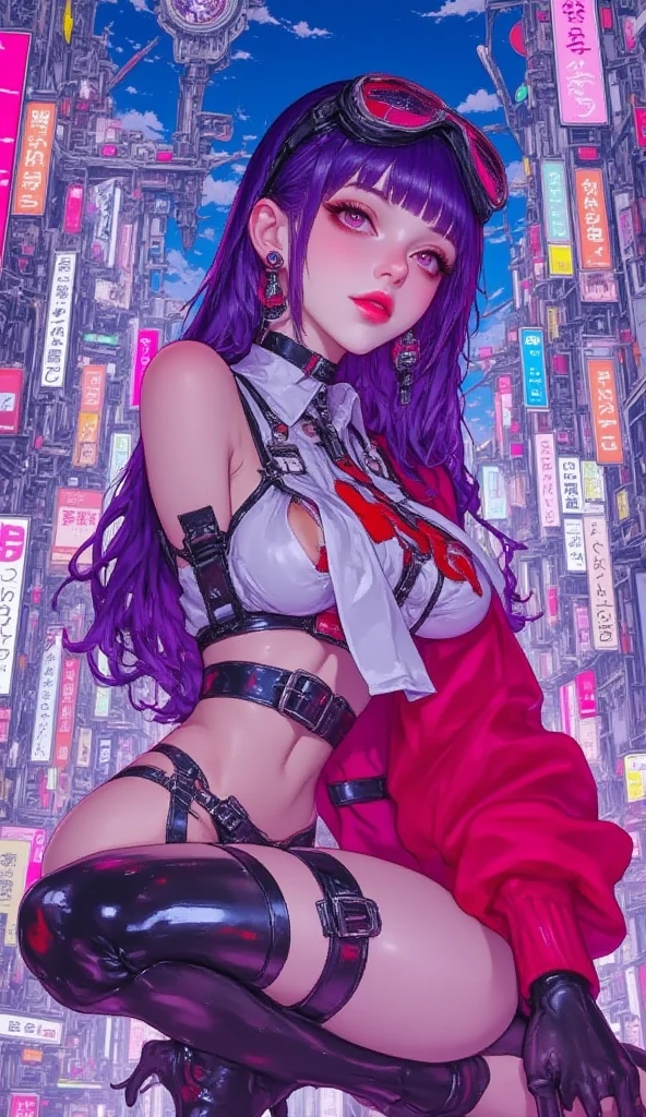 Magazine cover of a 1girl, goth, punk, pink nails, collar, dark sclera, Revealing swimsuit, the night, lake, Red Night Sky, Orange Moon, Revelatory pose, tattoo, body piercings, eyeglasses.