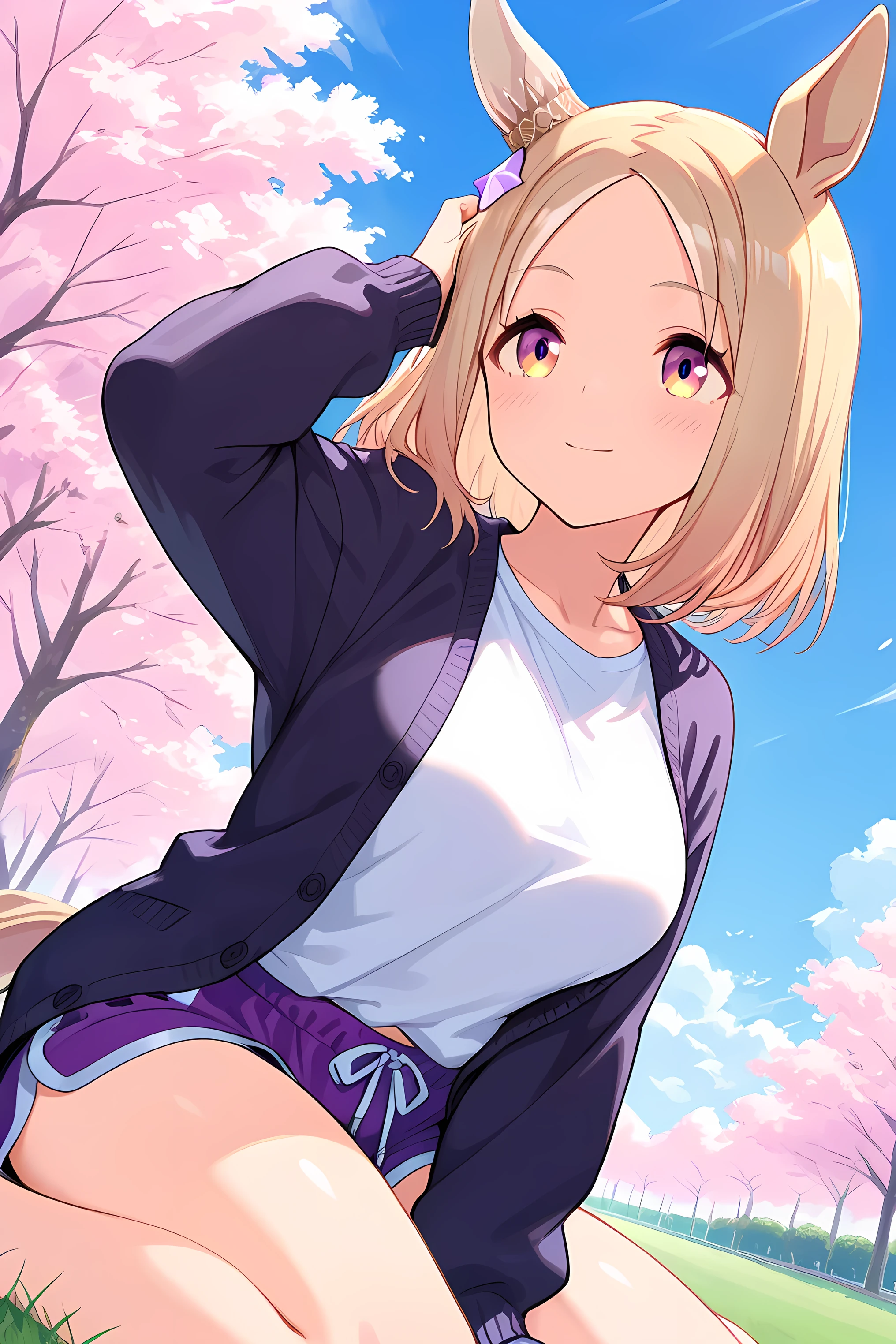 narita top road \(umamusume\),horse tail, short hair, animal ears, ear ornament, ear covers, single ear cover,(((masterpiece))),(((detailed)))((best quality)),((hyper detailed)),(beautiful),((shinythighs)),(((shiny skin))),(high quality skin),((8k)),((high resolution)),light smile and blush,closed mouth,flowing hair and hand on head ,hand on ground,sitting in wariza pose on Lawn,park,blue sky and day,(((cherry blossom storm))),deep-skyblue color open cardigan,white color t-shirt,purple color dolphin shorts
,from front,eye level shot,close-up,looking ahead