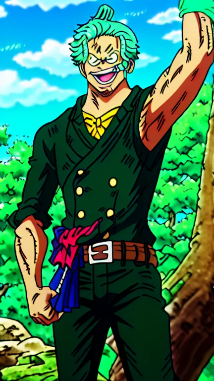 naughty man, appearance of 16 years, big hair tied samurai style with white hair with water green tips, wearing a white sweatshirt with a cyan fire style print on the edge of the waist, Wearing Headphones, slanted eyes, moss green eyes, Cao Cao, smart, wearing camouflage style sweatpants, wearing tennis shoes, with perfect details of light and shadow, in 8K quality, with small rays in the form of energy (might) white and red color around its body.