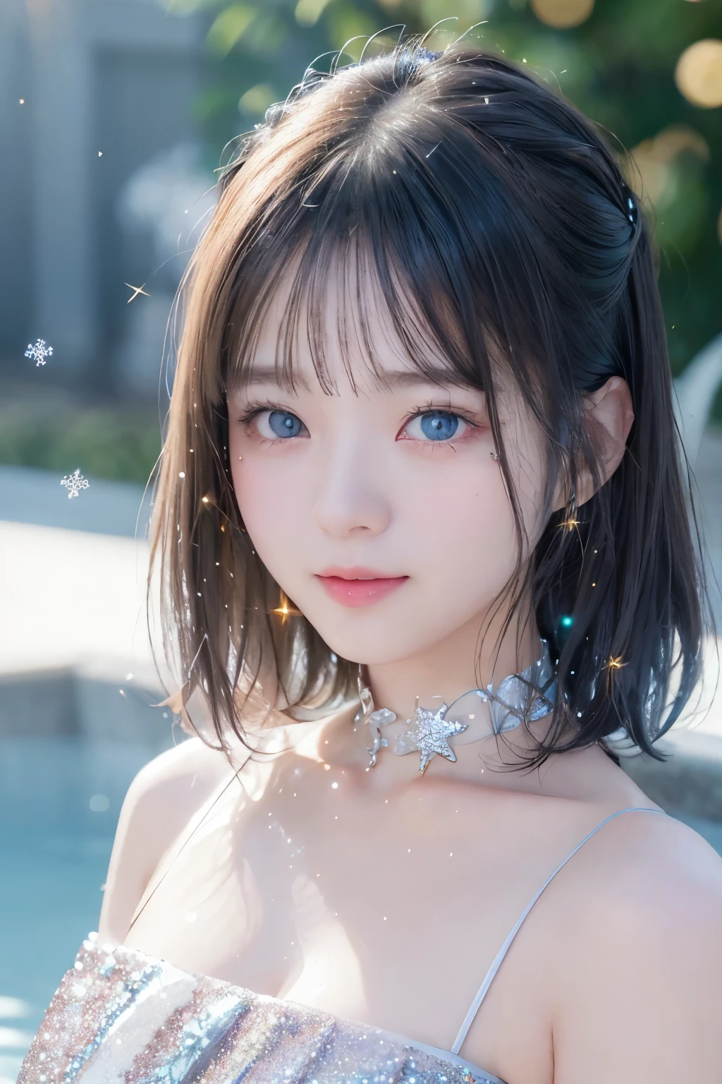 (Upper Body Closeup), Portrait, Portrait, , 8k,masterpiece, Best Quality, 、Round-faced、 slim、flat body 、cute、Age 15、, one girl on her back、、、pure white hair、glowing skin in front of a Japanese hot spring、((( GLITTER SKIN )))、、((super realistic details))、Portrait、global illumination、shadow、octane rendering with a slightly smaller mouth、、、metal、 cold color、、very intricate details、Realistic Light、CGSoation Trend Beautiful Eyes 、eyes shining at the camera、drop shadow、looking at the camera、facing the front、Facing、Sparkling Turquoise Eyes 、((Snowflakes))、、、 CHAIN CHOKER 