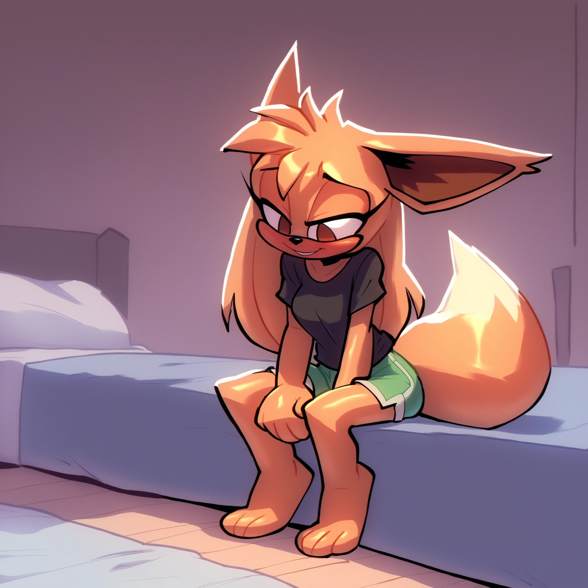 Eevee, bigdad/character, (Mobian), fox, fluffy brown fur, brown eyes, female, black and white T-shirt, dark bluish green shorts, fuzzy brown muzzle, sitting, (long hair), hair bangs, fox/Eevee tail, innocent smile, slim, young , solo, sitting, inside, on the bed, fuzzy fur, Sonic OC