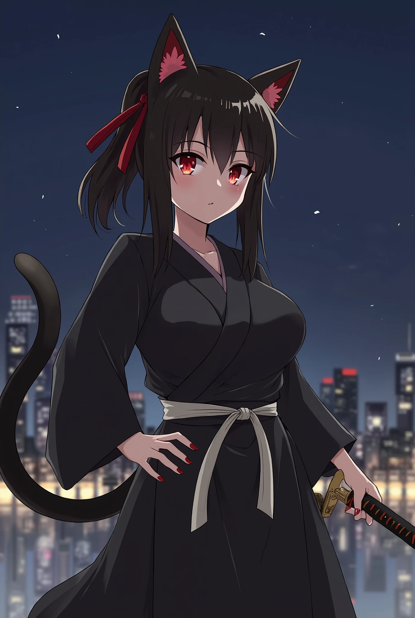 1girl, black hair, red hair ribbons, red eyes, animal ear fluff, cat ears, cat girl, cat tail, one tail with three endings, black samurai kimono, white belt, sword sheathed at the waist, hand on own hip, night city background, powerful look, attractive, boob shape, athletic, strong