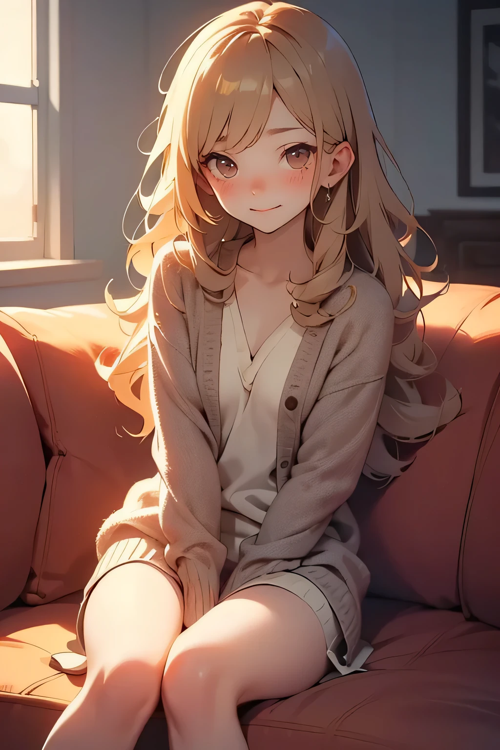 a soft anime girl with warm brown eyes, long wavy hair, wearing a cozy knit cardigan, sitting on a couch beside the viewer, gentle smile, slightly blushing, soft lighting, late afternoon golden hour, peaceful atmosphere, reaching out her hand slightly, emotional connection, close-up perspective, cinematic softness, quiet intimacy, best quality, masterpiece
