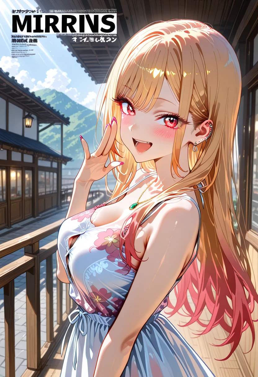 ((one personの女性)), Beautiful Face, Laughing embarrassedly,((wink:1.5)),Laugh with your mouth wide open,((Red cheeks:1.4)),Glossy pink lips,(finger to mouth),night,rooftop,Festive decorations,You can see the ocean, firework,((Anime style background)),masterpiece, Highest quality, so beautiful, Latest, complex details, (Pink long nails),(ring),(flower bracelet),Floral choker,AI-generated, complex,High resolution, Highest quality, super high quality,3D Images、View your viewers、3D Images,one person,Long blonde hair,High Ponytail,Turquoise Eyes,Anime woman posing for a photo, (Fine grain, gradient eyes,Shining Eyes:1.3),(Squint your eyes:1.1),a hyperRealistic , hyperRealistic , Realistic,Blonde anime woman with long hair, Smooth anime CG art, A woman in a colorful kimono with gold embroidery, (Pink long sleeve kimono),Red floral pattern,Long flower hair ornament,Large floral earrings,(ring),(Big Breasts:1.2),Mature Body,Tall,BIG ASS,Narrow waist,Abdominal muscles,(Zoom in on face:1.8),(Photographed from the front)