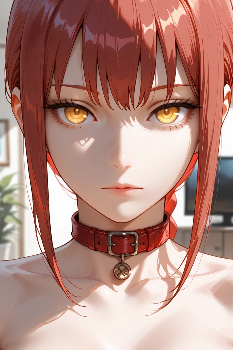 makima with the face of Margot Robbie (chainsaw man), best quality, ultra detailed, 1girl, solo, standing, red hair, long braided hair, golden eyes, bangs, medium breasts, white shirt, tie, look, smile, (bad: 1.2), looking at the viewer, (interview: 1.3), (dark background, chains: 1.3), from above, sharp contrast, beautiful detailed eyes, focus, close up shot