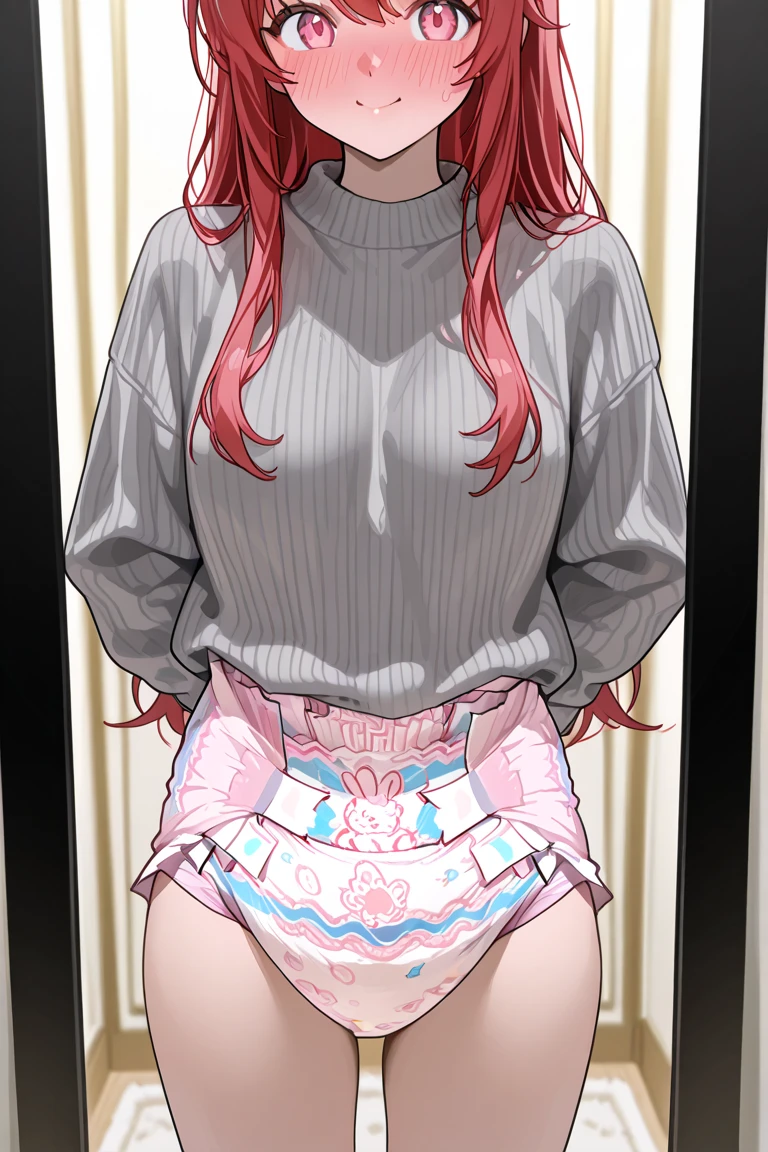 Hinata wearing an open-chested sweater and a pink diaper, standing in front of a mirror taking a photo with a flirtatious and very blushing face