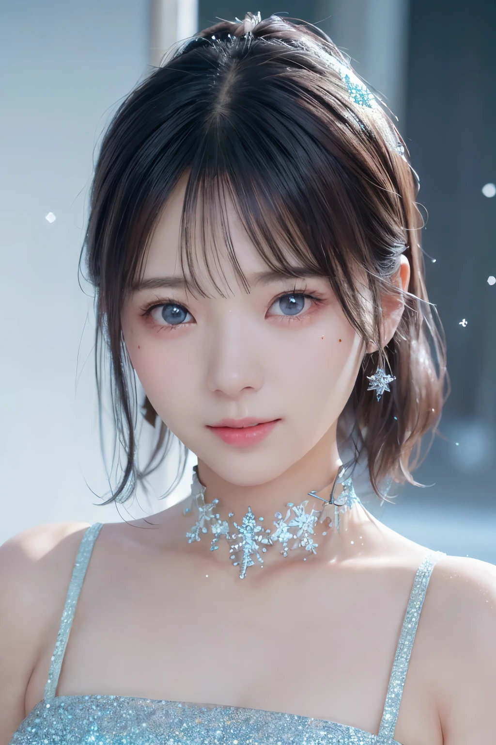 (Upper Body Closeup), Portrait, Portrait, , 8k,masterpiece, Best Quality, 、Round-faced、 slim、flat body 、cute、Age 15、, one girl on her back、looking at the camera、face to face、pure white hair、glowing skin in front of a Japanese hot spring、((( GLITTER SKIN )))、、((super realistic details))、Portrait、global illumination、shadow、octane rendering with a slightly smaller mouth、、、metal、 cold color、、very intricate details、Realistic Light、CGSoation Trend Beautiful Eyes 、eyes shining at the camera、drop shadow、、Sparkling Turquoise Eyes 、((Snowflakes))、、white background、 CHAIN CHOKER 