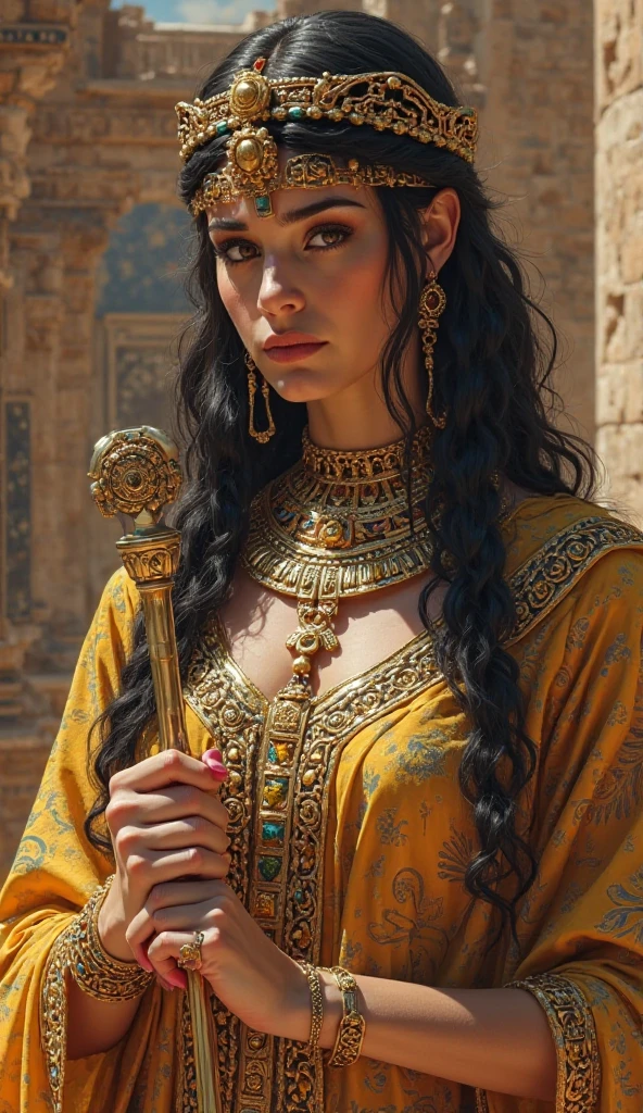 Front image of full body Beautyful  black hair priestress in athena’s temple 