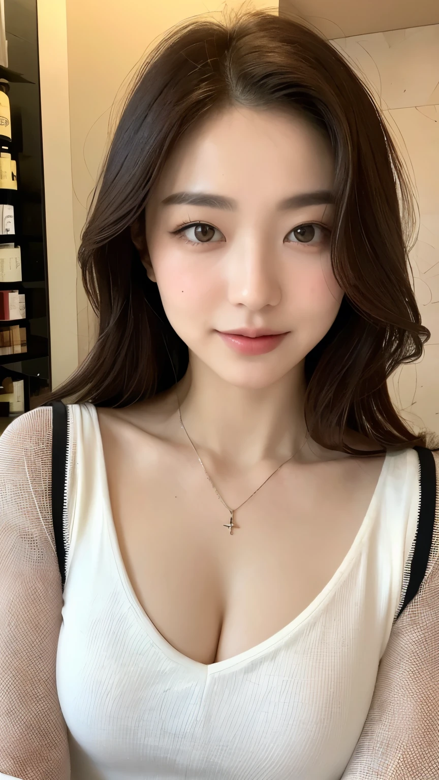((Night, Realistic Light, Best Quality, 8K, Masterpiece: 1.3)), 1girl, Slim Beauty: 1.4, Abs: 1.1, (Brown hair, Medium breasts: 1.3), Long pink sweater: 1.1, Bathroom, Super fine face, Delicate eyes, Double eyelids, smile, necklace