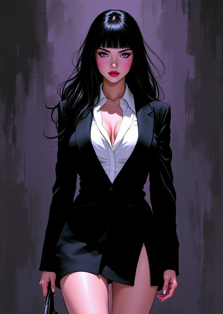 (beste-Qualit), (tmasterpiece), (Gloomy color scheme:1.5), ((Close-up of a girl in a suit)), 1girl in costume, androgynous vampire, junji ito 4 k, with long dark hair, ito junji art, style of junji ito, Dark Costume, portrait of sadako of the ring, Gentle androgynous princess , Beautiful androgynous princess , with her long black hair, girl in suit, stocklings, (big yellow eyes:1.3), fangs, detailing, (generous cleavage), Burst breasts, extra high resolution, 8K, (The blood on her lips runs down her neck), (Lovely Medium Breasts), perfect ???????, (Gloomy color scheme:1.5), (shapely body), Microthongs, Beautiful slender legs, sexypose, (Hands Behind Your Back:1.2), (Looking down), (The gaze is directed downwards), (Night Sky Background: Red Moon)