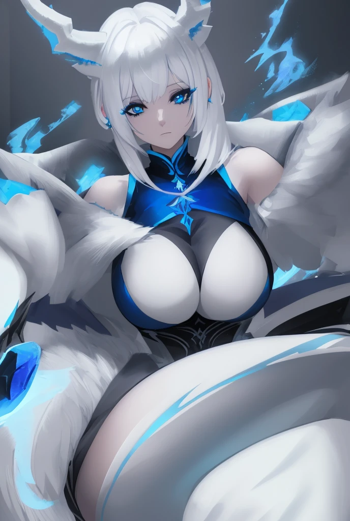 Masterpiece, cowboy shot, (1woman), (White fox), (Tribal clothing:1.2), (beautiful blue eyes), big and heavy tits, sheer bodycon dress ((tribal (Aquila) tattoo)), white and blue colors, foggy background, dynamic pose, (looking at the viewer), (front view),( White Wolf:1.4),detailed body ,(hands:1.4),(from the sky), (bokeh:1.2),8k, 。...............................3D, realist, Ultramicrophotography, of the highest quality, Super detalle CG Unity 8k