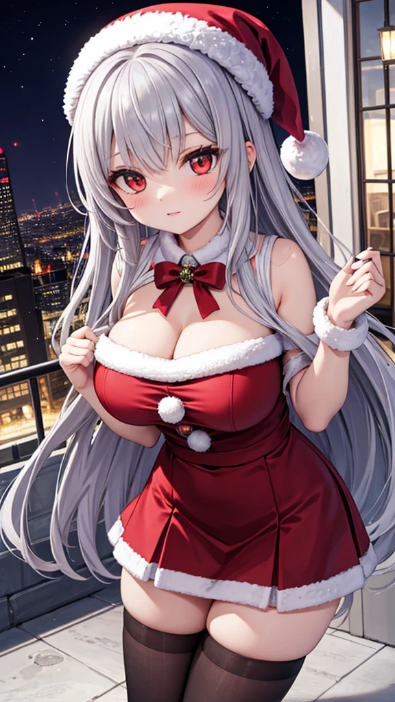 top-quality、Full limbs、complete fingers、Slender beauty、Women with straight hair、((Women with silver hair))、Women with medium hair、(Beautiful busty woman:1.3)、Santa Claus Costume、(red santa claus leotard)、red santa claus hat、red santa claus cloak、red pantyhose、 Street trees at night、Christmas tree、Christmas Lights、Winter scenery、A big smile