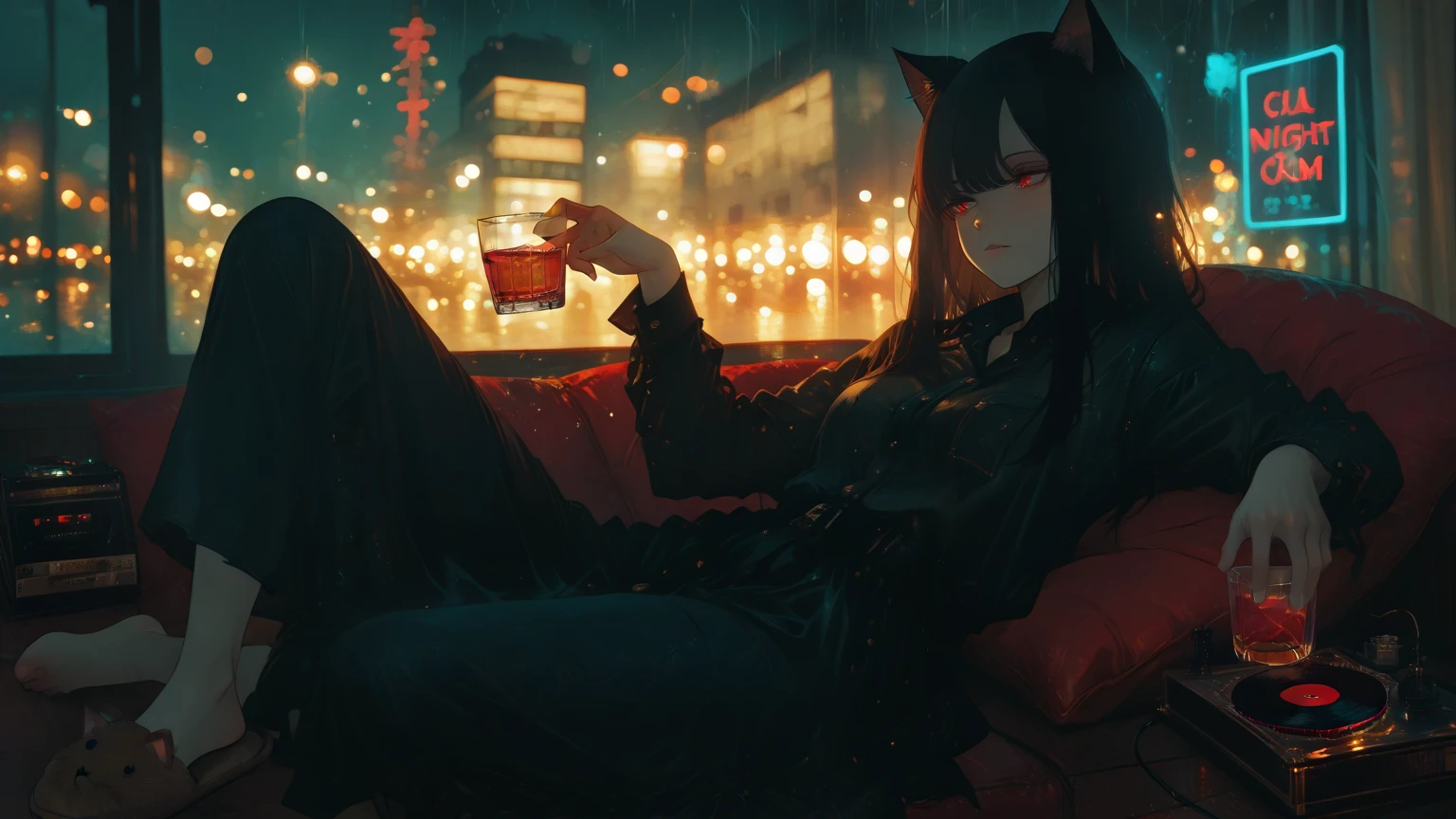 beautiful woman, (((full body))), ((background outdoor house)), (best quality), 1girl, solo A room with glass windows, curtains, a young woman with long black hair, red hair , White eyes with red pupils stare at sky, sitting on a chair, She is sitting and drink wild in front of the house., There are flowers, flower pots, a table, a wine glass, a wine bottle, a lamp, a black cat, Outside the window, there is a dark sky and stars.