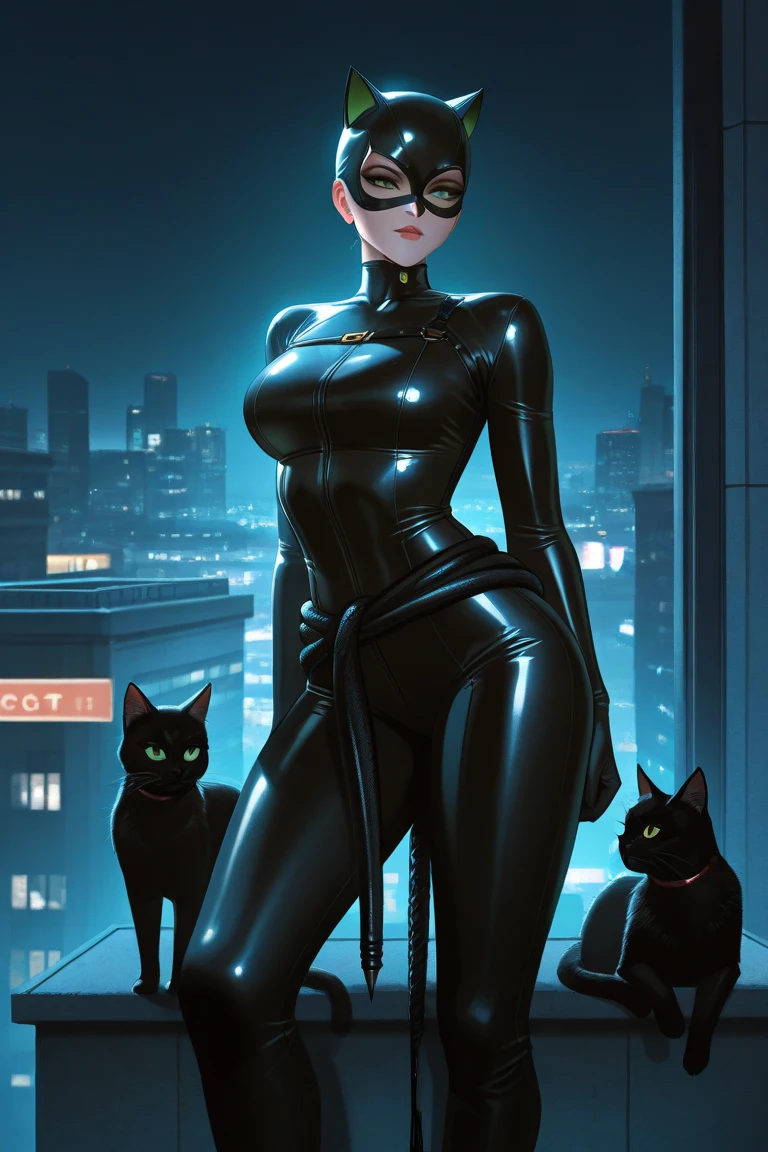 <lora:Catwoman:.9>, catwoman, masterpiece, best quality, 1girl, solo, cyberpunk, cybernetic, neon lights, big city,