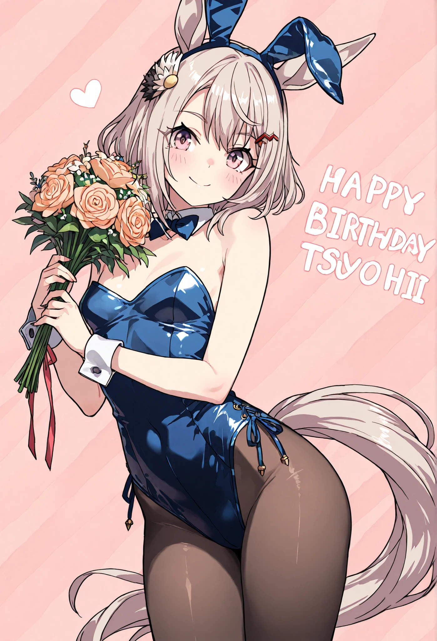 Post card, sexy waifu, long silver hair, green eyes, anime style. Busty, cute outfit, with the words "happy birthday"