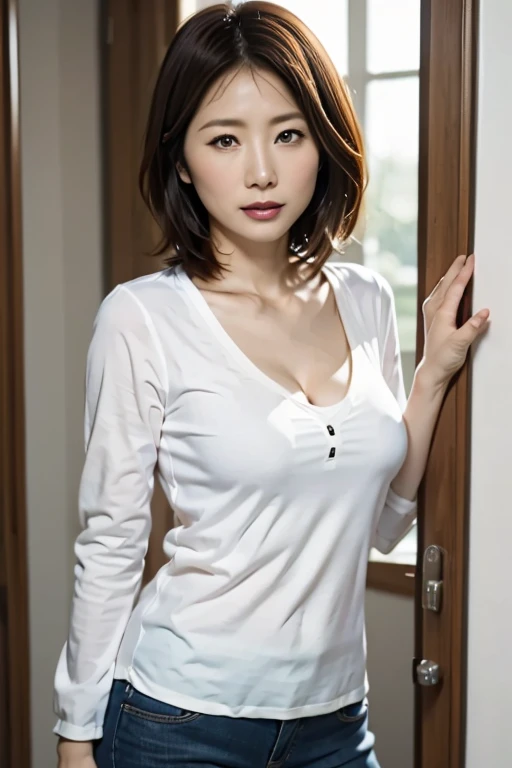 ((highest quality, realistic, 8k, High resolution)), 1 female, (skin dents), (professional lighting), (close:1.55), (short hair:1), (big breasts), ((looking at the viewer)), perfect proportions, (Bokeh), muscular, ((Highly detailed skin texture)), ((wearing a white silk shirt)), standing pose, (smile:1), indoor,