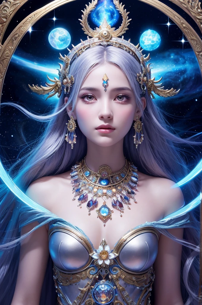 A lovely woman (age 25, sheer airy gown, dragon makeup, big eyes, colorful hair, dancing on a cosmic field of stars, trails of stardust and sparkles