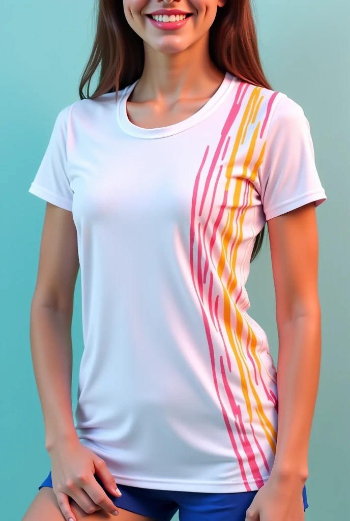 a woman wearing a rosa shirt and black pants, Manga curta, usando blusa com decote em V, coral vermelho, Camisa vermelha, rosa, vestindo uma camiseta laranja, vestindo uma camiseta, vestindo uma camiseta laranja, onyx, Chique, matiz, close da parte superior do corpo, Camiseta vermelha, rosa shirt, close da parte superior do corpo, close angle