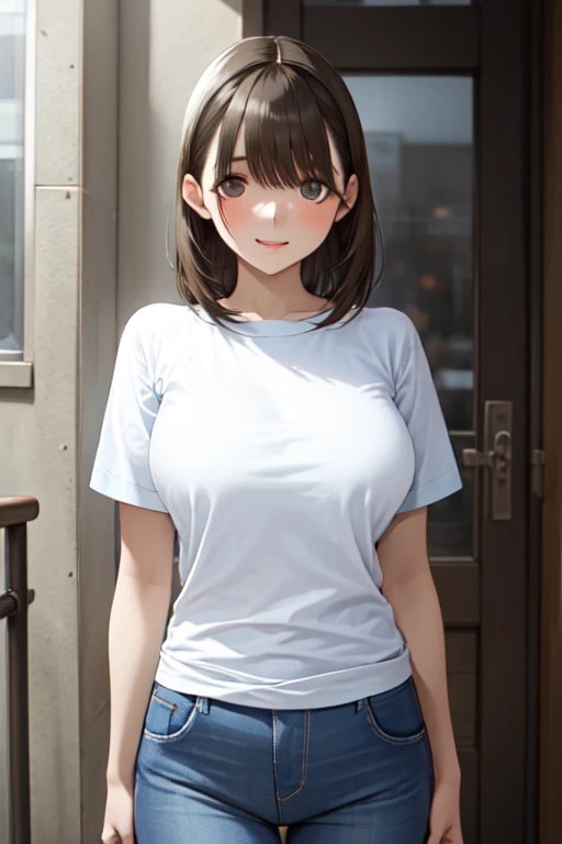 (High quality, High resolution, Fine details), sea-front street, (denim jacket and miniskirt), solo, Adult Woman, Light brown hair, Sunglasses on head, sparkling eyes, (Detailed eyes), (pout mouth), blush, (white T-shirt), Large breasts, Sweat, Oily skin, Dazzling sunlight, Bright atmosphere, Bright tones, Shallow depth of field