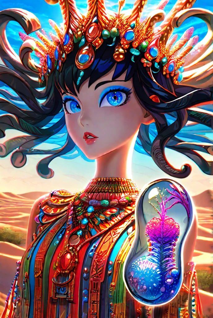 A photo of Cleopatra with natural skin., Short and voluminous black hair., sharp eyes with blue eyeshadow, a thin, upturned nose, well-formed lips,  an hourglass body figure , typical clothes, and makeup, intricately maximalist, vibrant, epic, seeds, necklace trio, 4k, backlit, fantasy desert background, and a shallow depth of field.