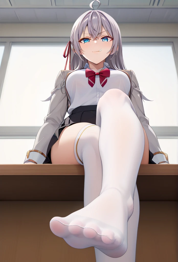 (realistic, photo realistic:1.2), ((highest quality)), move the center of gravity backwards, pretty embarrassing, Alisa Mikhailovna Kujou, ahoge, long hair, grey hair, hair intakes, hair ribbon, red ribbon, sidelocks, hair between eyes, bangs, blue eyes, White knee socks, white panties, (show panties:1.4), (Panty shot:1.3), (pull up the skirt:1.3), sit on desk, class room, spread legs, knees up, beautiful face details, real human skin, gentle expression, Front view, angle from below, realistic, photorealistic, whole body, (looking at the viewer:1.2), From before, from below