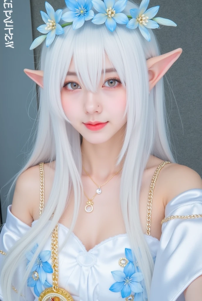 best quality, tmasterpiece,Ultra-high resolution,Clear face,(Reality:1.4),ferpect lighting,(full body photo), (photorealistic:1.50), anime wallpaper, Guviz style artwork, cover-up fantasy up to magic , by Yang J, Guviz, beautiful artwork illustration, beautiful digital artwork, beautiful digital illustration, Li Song, beautiful anime portrait, art style in Beauvot, 1girl, 独奏, green eyes, Double eyelids, Blush, Cheeks flushed, 24yo chinese female,
jewelry, earrings, hair ornament,
long hair, (twintails), white hair, hair ribbon, (pointed ears:1.3), Ears are very pointed,
looking at viewer, light smile, full body, photo background, outdoors, white dress, Bare shoulders, sleeveless, standing,