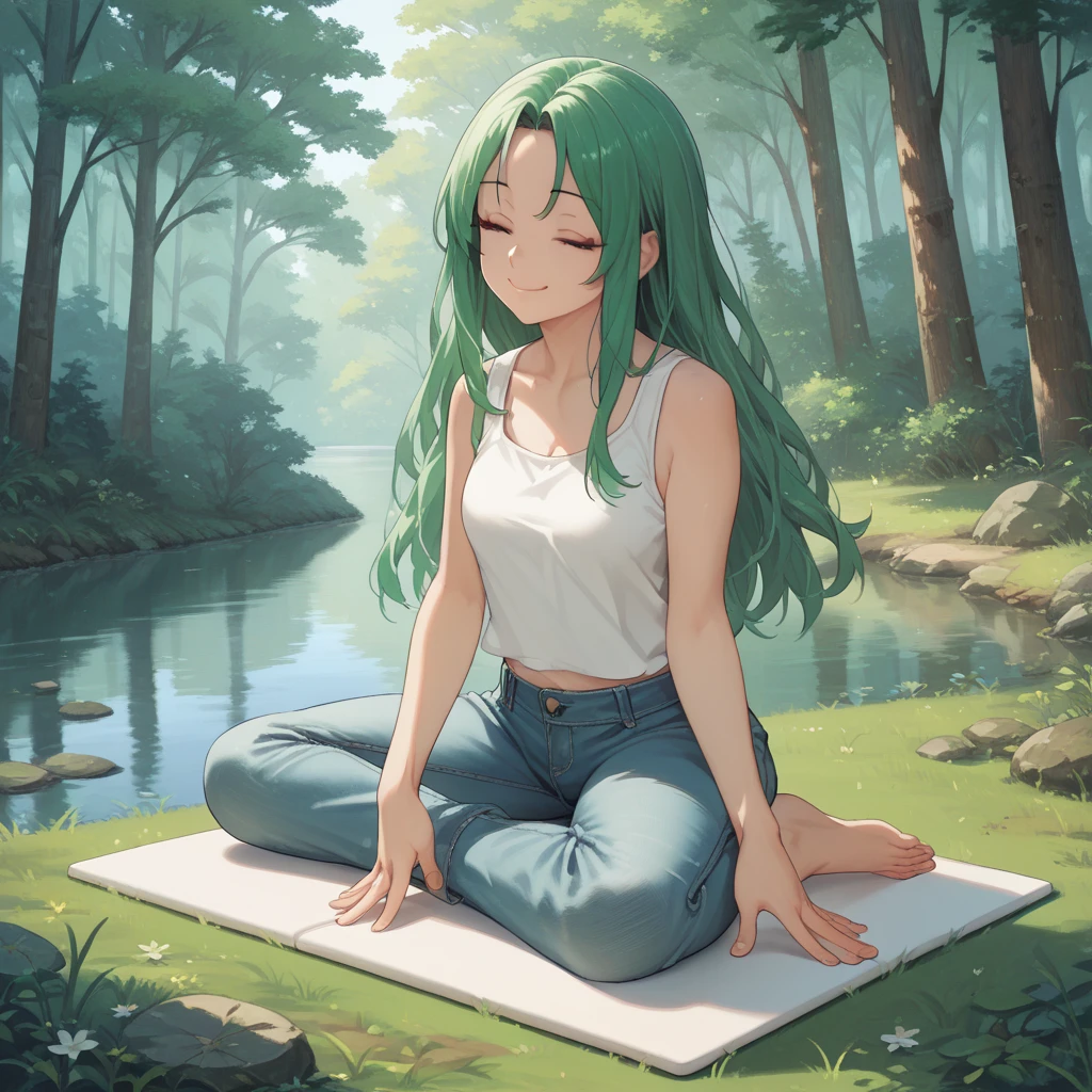 Contemplative,Girl in a serene landscape,Light blue long hair、Twin tails、close your eyes, Peaceful environment, Yoga poses、Calm atmosphere,Tranquility,silence,Soft sunlight,Gentle breeze,Blissful Heart,Peace of mind,Tranquility,Calm colors,Natural scenery,Floating Feeling,rest,Harmony,relaxation...(highest quality,High resolution,Super detailed),Landscape painting,Realistic artwork,Impressionist style,Soft brush strokes,Subtle color blends,Vibrant colors,Play of light and shadow,Mysterious,Spiritual Experiences...