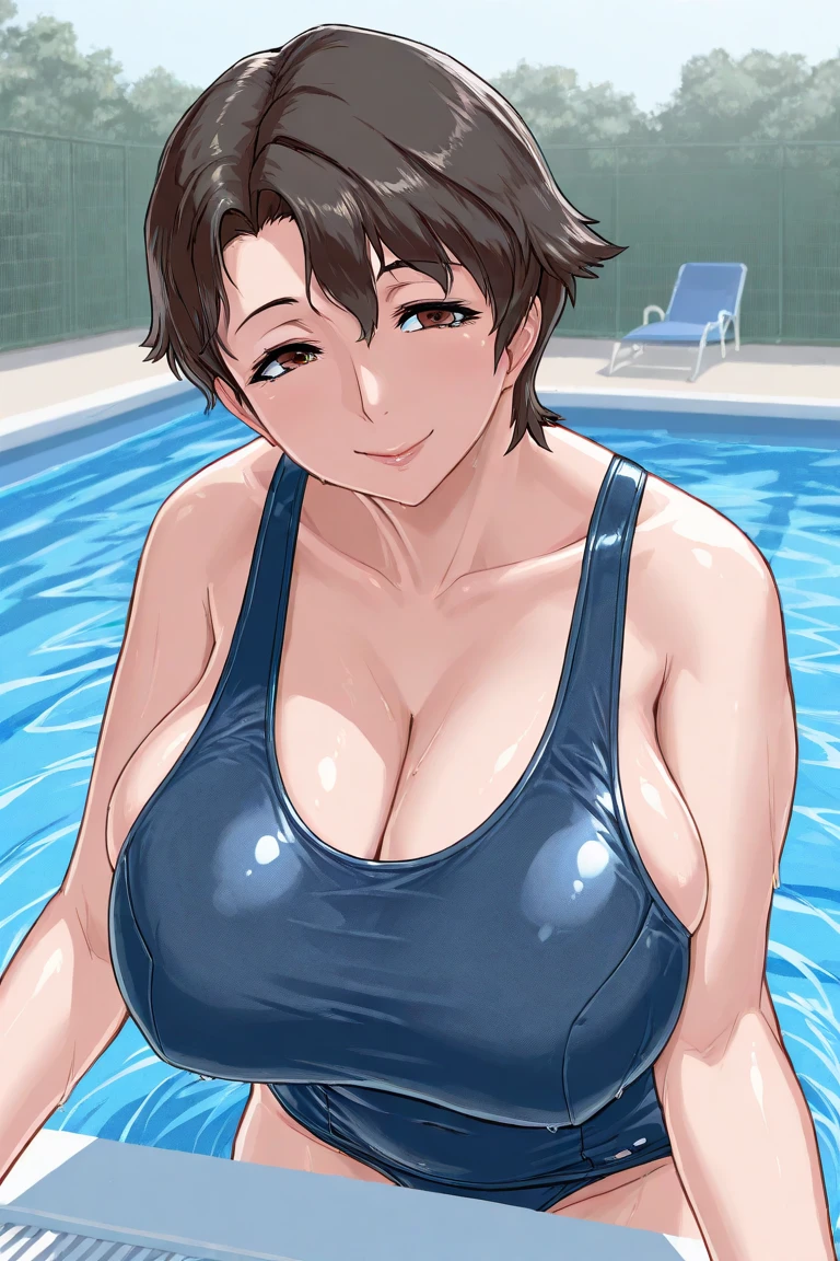 score_9, score_8_up, source_anime Bibl3, cute girl, intercrural sex, thighjob, busty shortstack, brown hair, twin braid hair, hair ornament, hair ribbon, racing swimsuit, huge breasts, heavy breasts, breast expansion, full lips, vivid lips, wide hips, thick thighs, huge penis between thighs, detailed penis, wet pussy, cameltoe, viewed from front, gym pool, happy smile, innocent expression, hip focus, looking at viewer, raised eyebrows, detailed eyes, detailed face, pretty girl,