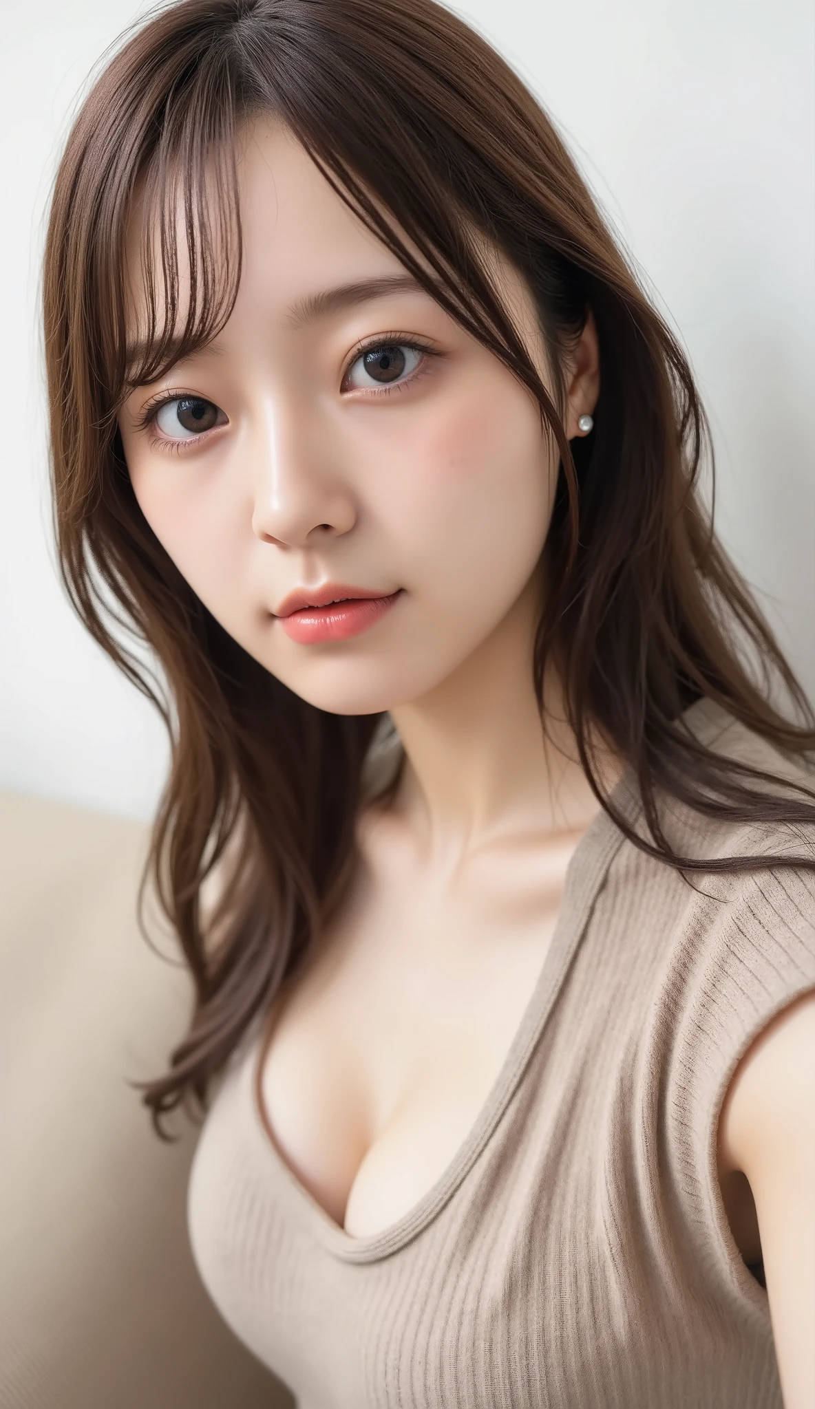 masterpiece, highest quality, 8k, 20th Generation, Large Breasts, cute, alone, sad, cute, Girlish, Delicate girl, Pure beauty, RAW Photos, Professional photography, Portraiture, Soft Light, Professional Lighting, Backlight, Upper Body, avert your eyes, Sophisticated, Film Grain, (Eyes and facial details:1.0), Short floating hair, Beautiful, flowing hair, bangs, (Tight tank top that clings to the breasts(pastel colour))、(Large Breasts:1.0)、You can see a little cleavage、Dolly Makeup、Odd Eye、The colour of the left and right eyes are different