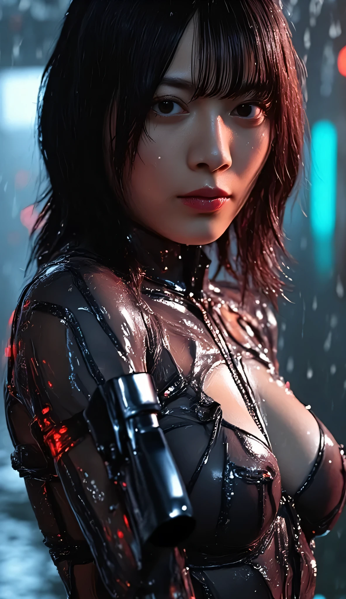 (((On a rainy night with a downpour:2.0))),(((HR Gigger style cyberpunk atmosphere:2.0))),(((サイバーパンク風のサブマシンガン2丁を構える:2.0))),(( pointing a muzzle at the viewer :2.0)),standing,((full body:2.0)),one woman,(cute face:2.0),(Beautiful well-balanced face :2.0),((long hair with bangs:2.0)),(black hair:1.5),(Beautiful Eyes:1.3),glamorous shot of an 18-year-old Japanese woman,Beautiful slender body,((model body type:2.0)),((slim body:1.7)),Perfect Body Line,Ideal Proportions,((big breasts:2.0)),((スリーサイズ90-55-87:2.0)),((G-cup breasts:1.5)),Big Breasts,Bare thighs,Sensual Thighs,delicate body,(succulent:1.7),harmonious posture,((Realistic breast depiction :1.7)),carefully depicts limbs based on perfect anatomy,Hold 2 cyberpunk-style submachine guns that light up with colorful LEDs,(((translucent skin made of black glass:2.0))),((Holds 2 cyberpunk-style submachine guns made from black transparent glass from the neck down:2.0)),(((Clear skeleton shining with LED:2.0))),((Tactical Holster:2.0)),((((Glass body:2.0)))),CONCEPT ART,(Best Quality:1.5),(masterpiece:1.5),(超高resolution),resolution,UHD,(Delicate Description), carefully drawn with butterfly wings ,32k,((realistic skin texture that shows through the whole body:1.5)),(((ultra-realistic:1.5))),carefully draw eyelashes,very detailed face,Highly detailed female hand, Sexy appearance ,very sensual,(Blurry Dim Backgrounds :1.5),Professional Photography,(Dynamic Angles),(movie lights:2.0),((Blade Runner style light:2.0))