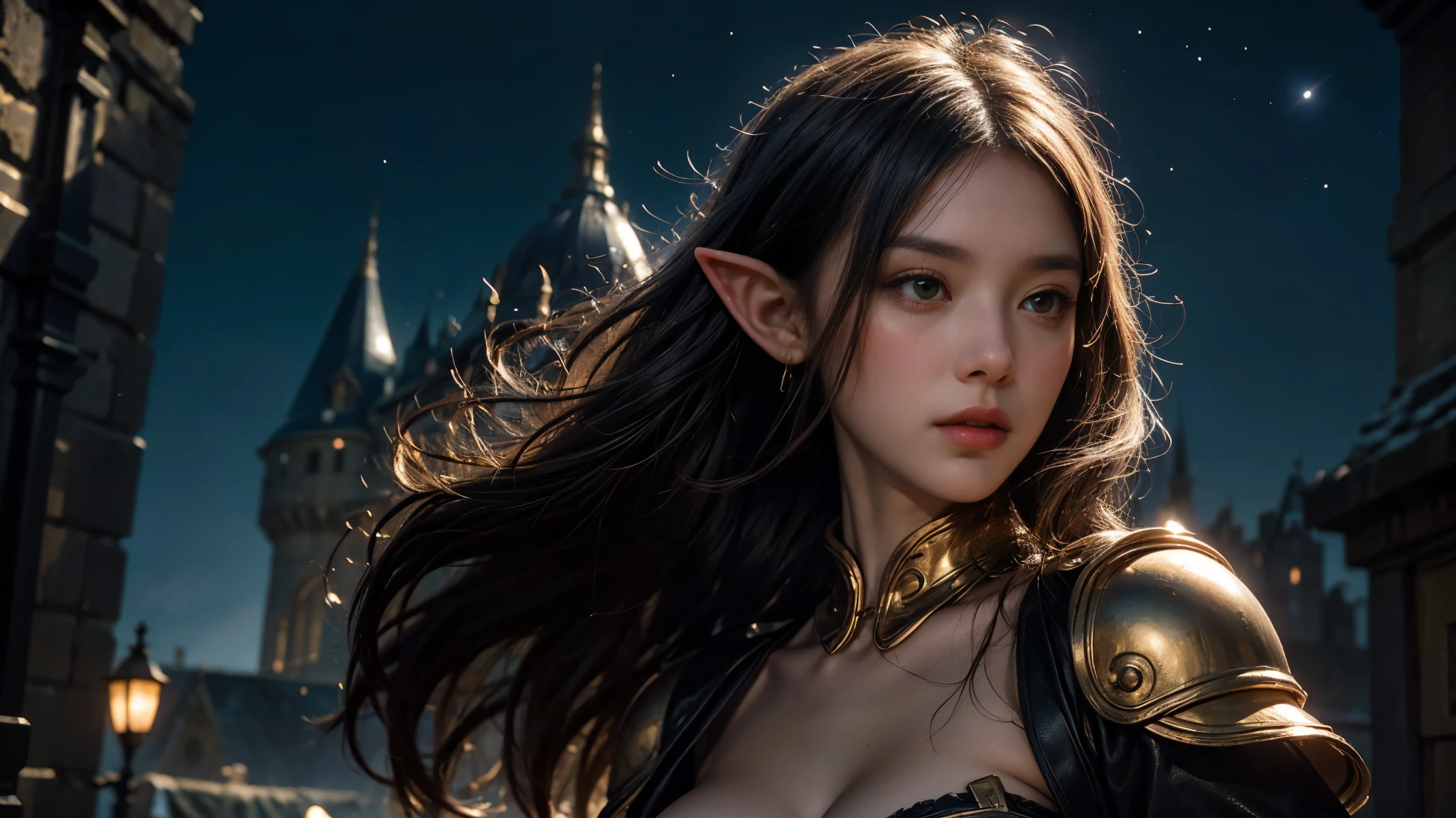  Beautiful portrait of a perfect female elf fighter , Invisible long hair, 完美特征, ( Wearing extremely baroque luxury elf armor ),  Abstract Beauty  , Big breasts ，Almost perfect, Pure Form, dynamic pose,  mysterious background  , (The Dark Side), (Strong cinematic lighting  ), (rétroéclairé), 由Greg Rutkowski、 conceptual art by John William Waterhouse, intricate details, 8K Post-production, high resolution , Super Details, popular on ArtStation , sharp focus , depth of field/1.8, Studio Photos, ((( Look at the lens ))). Upper Body Lens ，midnight，The background is a castle，starry sky
