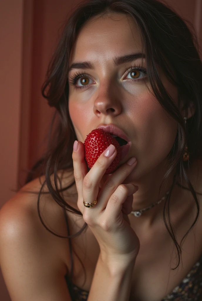 Woman biting into a juicy strawberry, sexy