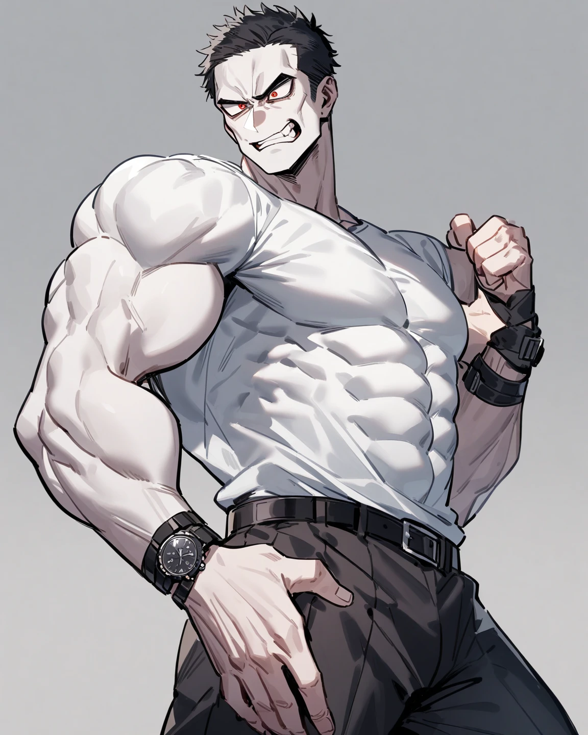 A young man with short gray hair, completely white skin, pale skin, resolute eyes, handsome face, serious expression, a metal collar around his neck, his upper body is bare, a slender yet muscular build, a purple demon tattoo is on his left shoulder, a black and white belt, cloth trousers, emitting a purple aura, he stands in a mining valley, the ground around him glowing red and cracking open, this character embodies a finely crafted fantasy-style slave warrior in anime style, exquisite and mature manga art style, dramatic, high definition, best quality, highres, ultra-detailed, ultra-fine painting, extremely delicate, professional, perfect body proportions, golden ratio, anatomically correct, symmetrical face, extremely detailed eyes and face, high quality eyes, creativity, RAW photo, UHD, 32k, Natural light, cinematic lighting, masterpiece-anatomy-perfect, masterpiece:1.5