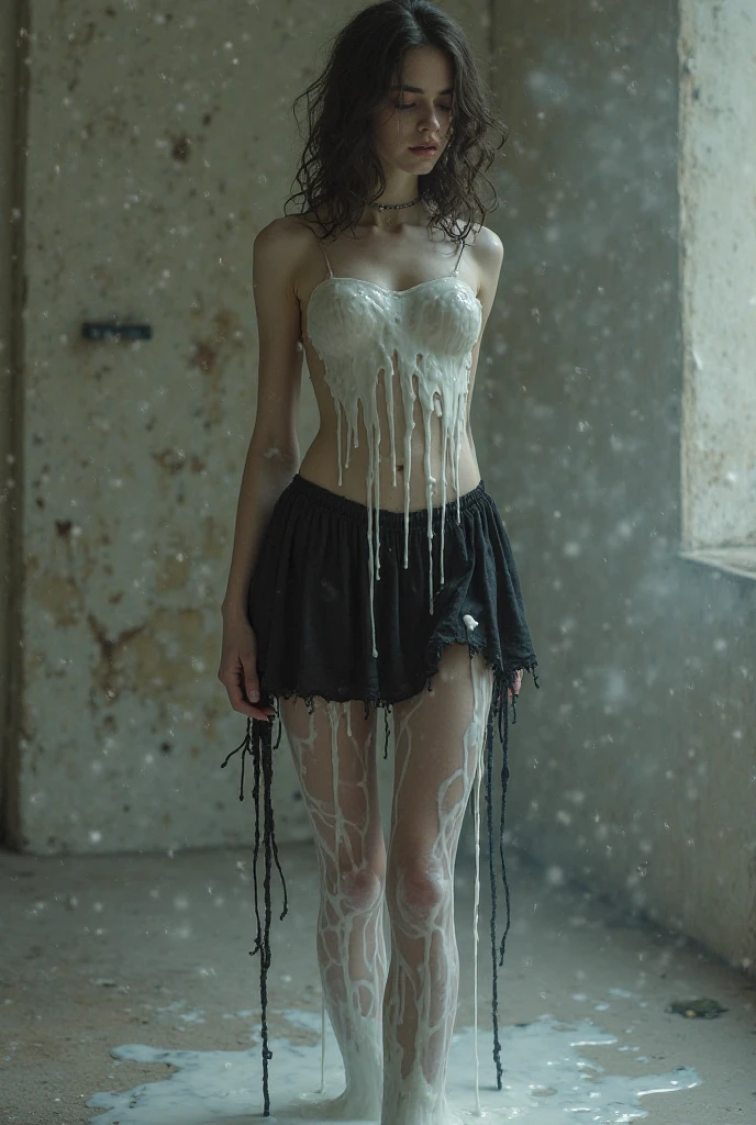 Highest quality, masterpiece, Ultra-high resolution, (reality: 1.4), RAW Photos, Ridiculous，dramatic，1 person,  Smooth Skin, Wet, Soaking wet，(Milk all over the body)，dramatic Lighting, Full body portrait, nude、naked,Beautiful Face、 Beautiful long legs，30-year-old woman, Are standing.Perfect in every detail、height: 170cm、Apply milk paint all over your body、Facial expression with eyes closed