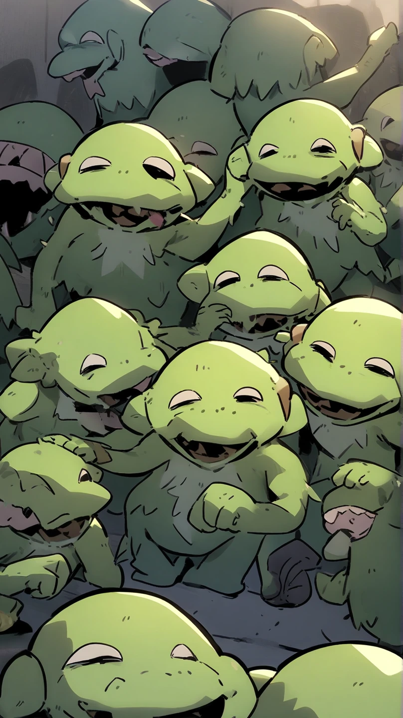 a row of male goblins, black lipstick, showing their giant butts and huge thighs