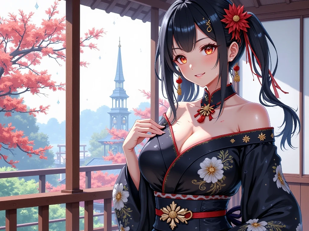 of the highest quality, High resolution, The perfect human structure, Focus of the figure, Front view, Glowing hair, Glowing eyes, look up at viewer, Kimono, Japanese castle, Japanese garden, Cat ears, Black hair, Overall angle, Medium chest. Happy smile, Gradient Eyes, swept bangs,