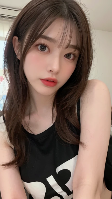 (Tabletop:1.3), High resolution, Ultra-detailed, Highly detailed CG Unity 8k wallpaper, Realistic, Photorealistic, RAW Photos, Beautifully detailed face, Pale skin, Realistic glitter skin, Detailed cloth texture, Detailed hair texture, Beautiful Face, Accurate, Anatomically correct,  Highly detailed face and skin texture, Natural neck length, (Beautiful Hands), (Fair skin:1.2), Thin legs, Thin legs, 

Fine grain, Symmetrical eyes, Light brown eyes, double eyelid, Thin eyebrows, (Glossy Lips:1.4), ((Wait for a kiss:1.2)), (blush:1.1),
Inside McDonald&#39;s、Pink camisole、mini skirt、Medium chest, (Slim figure:1.1),  Beautiful clavicle, 
(Brown Hair, Wavy Hair, Long Hair:1.3), ((Asymmetrical bangs:1.2)), (Upper Body Shot:1.2), Displaying the viewer, (From the side From the side:0.65),
(Sit leaning against the table), ((Place your elbows on the table，Slowly lift your chin:1.3)),