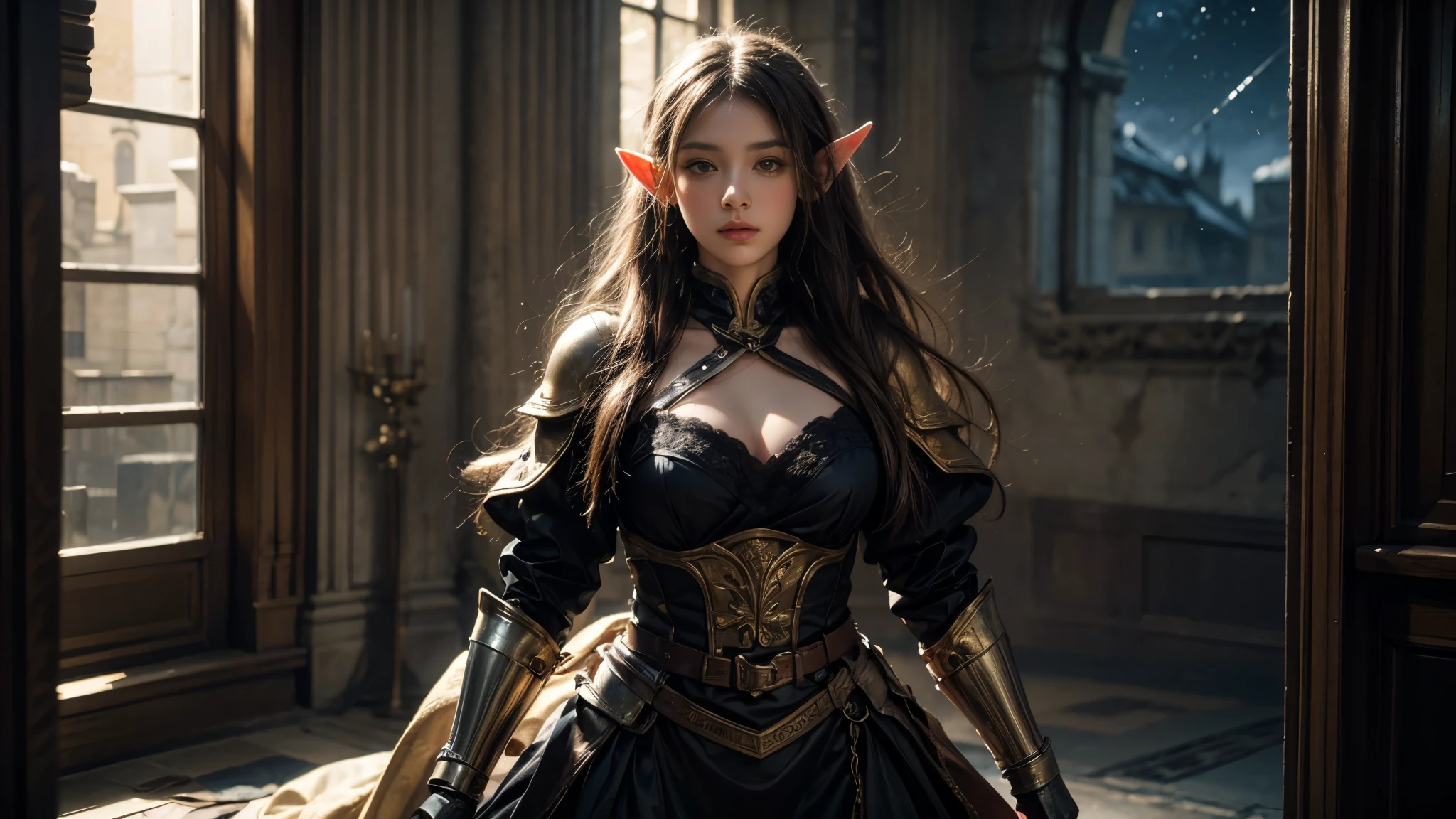 (One Knight Girl)、top-quality、​masterpiece、超A high resolution、(Photorealsitic:1.4)、Raw photo、女の子1人、（Wear the Dark Knight's Armor）、glowy skin、(((Dark Fantasy)))、Fight with beautiful swords and shields、(((Mystical expression))),（Gorgeous gold metal body）、(Fight goblins、ogre、Fierce battle with orcs),（Fighting strong enemies）、Fight fiercely、(Background of decaying dungeon ruins)、（Ultimate Beauty）、（Detailed knight's helmet）、(Fighting Demonic Beasts)、(Pointed Hat Wizard Hat)、((super realistic details))、portlate、(Strong giant demon beast background),globalillumination、Shadow、octan render、8K、ultrasharp、Colossal tits、Raw skin is exposed in cleavage、metals、Details of complex ornaments、Japan details、highly intricate detail、Realistic light、(Mystical expression),CGSoation Trends、Red Eyes、radiant eyes、Facing the camera)、Gundam、Small LED、Toostock、（Background of the mutation）、（Attack of the Monster Beasts）、Ultimate Beauty、beautiful female knight、Wear colorful armor、Detailed sword、（Wearing legendary armor）、
