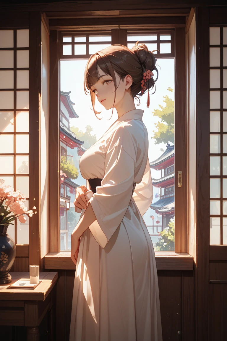 A majestic and elegant panorama of Mt. Fuji.、Sakuhime Konohana smiles kindly、(The princess's breasts are huge:1.5)、Hair that flutters in the wind、The best illustrations、