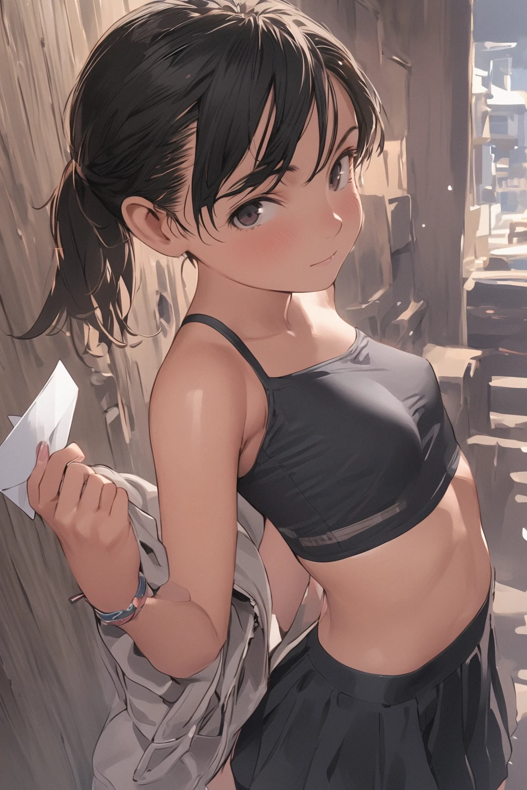 ((Masterpiece)), ((best quality)), (Rough sketch:1.4), (super detail), (High Definition:1.3), (Professional Photography:1.3), ((12 years old)), 1girl, cinematic lighting, Textured skin, (cat ears), pale brown hair, messy medium hair, Cute Beautiful teenage girl, BREAK, ((best quality)), (Knit fabric tank top:1.3), cleavage, no bra, (exposed neck), slendar body, small breast, (short braided hair), ((Wearing bustle skirt)), (hyper deformed face:1.3), naughty smile, blush, (Purple Unfocused eyes), beautiful collarbones, (slightly exposed cute navel), BREAK, ((best quality)), (super detail), ((triumphant pose)), (on the Beautiful beach),