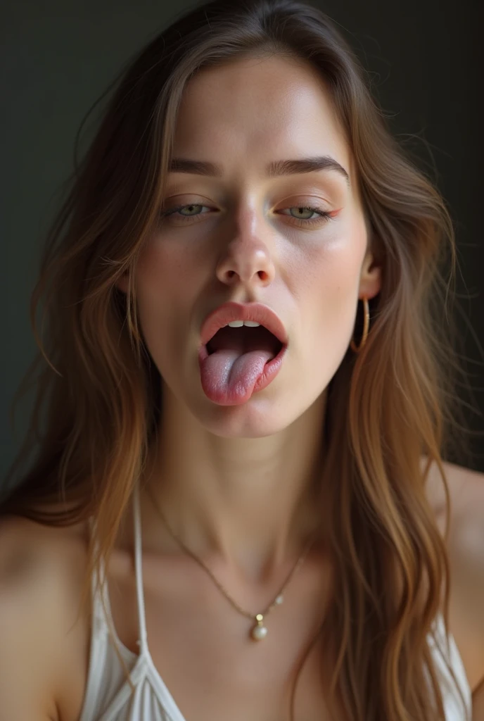 table top,,Awards - Winning Photos, very detailed, bring the eyes into sharp focus, nose and mouth,face focus, woman with open mouth and closed eyes, 、35 years old,black haired、symmetrical face,realistic nostrils、angle from below、elongated C-shaped nostrils,,,,,,,,,,,,,,,,,,,,,,,,,,,,,,,,,,,,NSFW,white background、sweaty skin、Lighting that emphasizes the skin that shines with sweat、((Hook Nose))Skin shiny with sweat、shiny skin、(Wet and glowing tongue)