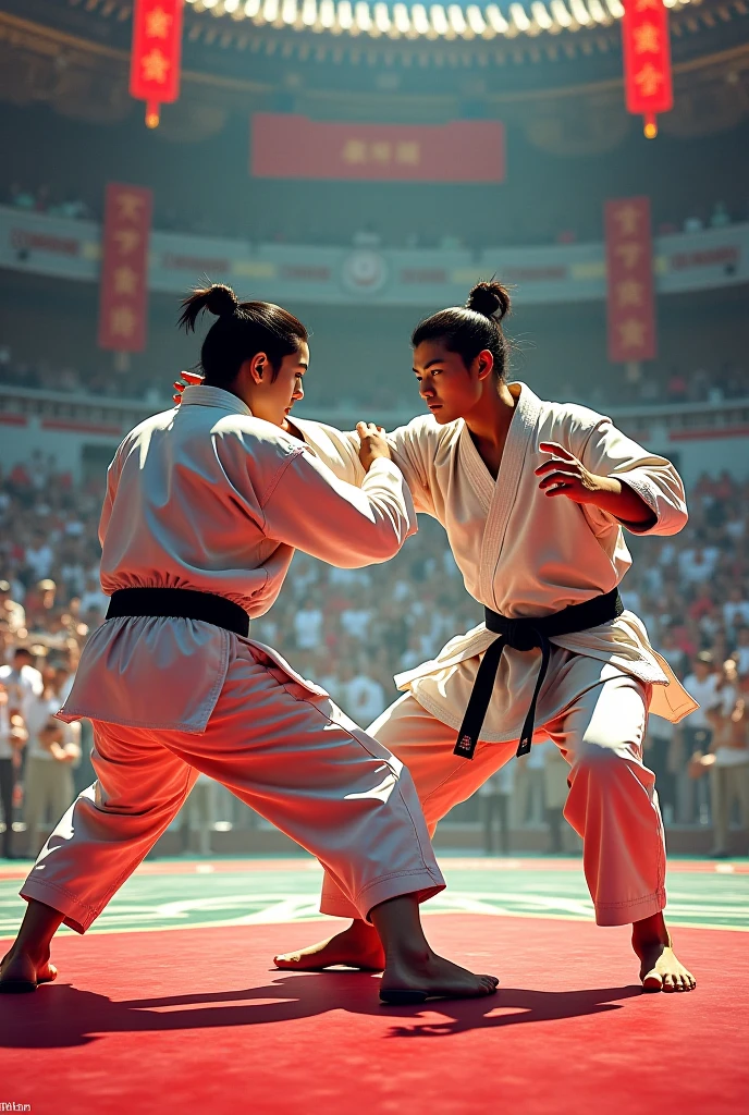 first person view, 8k, martial arts championship, against a Japanese man in a white kimono, attacking his face, showing hatred with his teeth clenched, strong and defined abdomen and chest, closed fist, realistic, adrenaline, emotion, first person view!