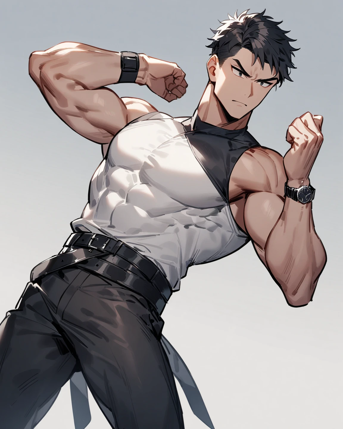 male、Gray Hair、Gray Hair、short hair、Red Eye、冷血なmale、good looking、Cold Face、Well-formed face、Well-built、Sheer black miniskirt、Extremely short、Pleated skirt、garter belt、I can see the shorts、Confusion、Take a quick look here、sexy、Belly out、Sweat、