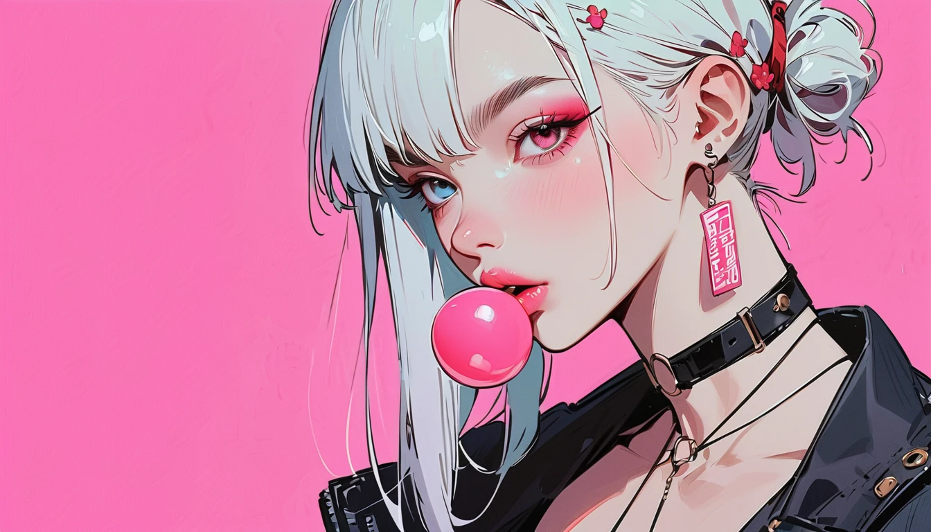 (masterpiece, best quality:1.2), 1 girl, 独奏, Anime style, Heterochromia, Grinning, lips pink, Stick out your tongue, Tongue Stud, Cyberpunk style makeup, Different color short hair, Long bangs on one side, Purple and pink background.