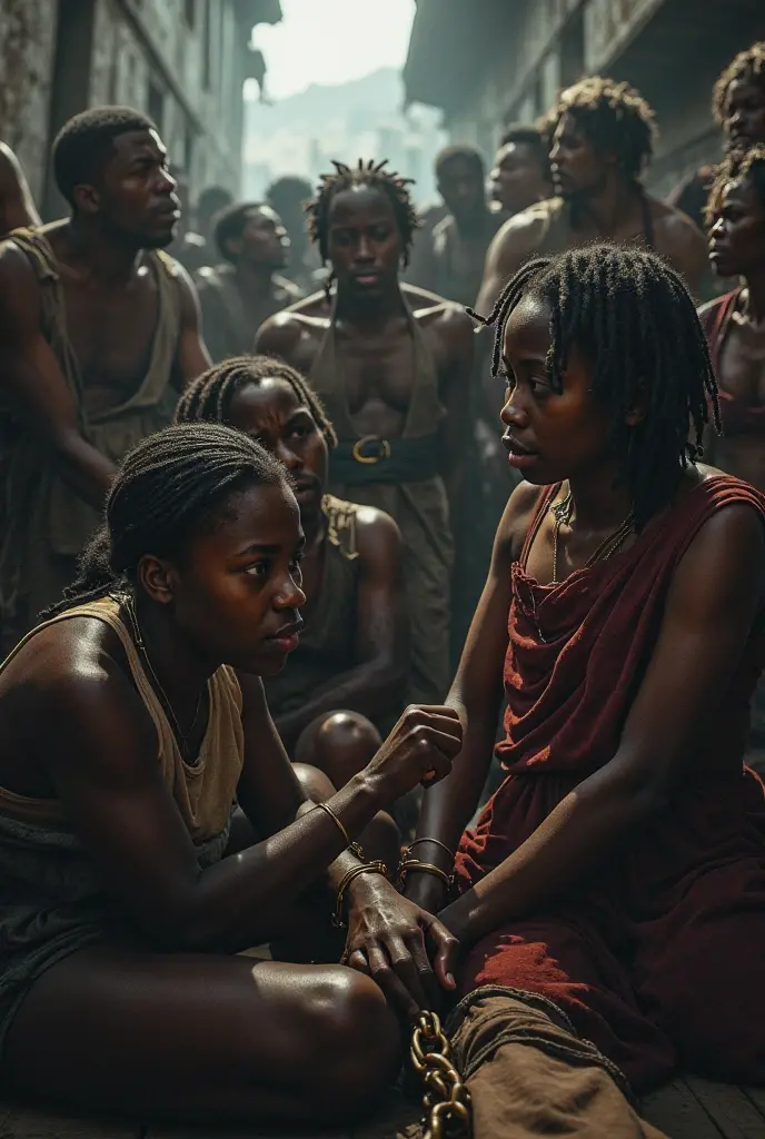 Five half-naked African slave women tied with a rope, descendant un escalier, grandes souffrance, tristesse dans les yeux, corps entier nu, no clothe, pas de coiffe, cheveux noirs, Dynamic scene from the movie Amistad, looking at the 50mm camera, Realistic photo HD, Diffuse light, Rebel Republic Environment, , hyper detailed, Whole size