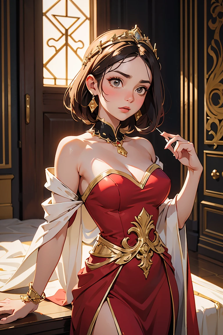 (obra maestra) (La mejor calidad) Una hermosa mujer pelirroja con cabello muy largo que fluye por su espalda, con un impresionante vestido de fiesta negro con escote en V. Ella lleva un par de pendientes de diamantes, un collar de oro fino y varios anillos en sus dedos. Ella lleva tacones altos de un rojo intenso. She is leaving her large mansion to go to an event. vendimia, vendimia, glamour (big breats)