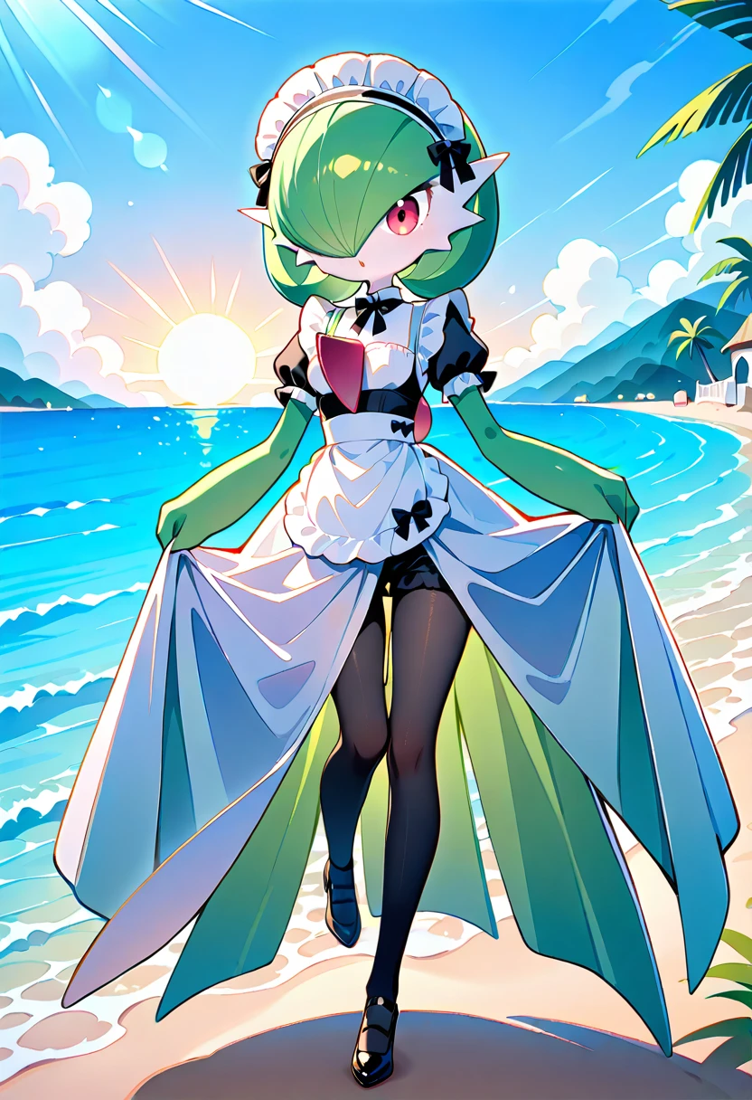 (masterpiece:1.2), (best quality), (ultra detailed), (8k, 4k, intricate), (full-body-shot:1), (highly detailed:1.2), (detailed face:1.2), beach background, gazebo, detailed landscape, gallade, smug grin, standing, ((black hair)), green skin, porcelain skin, red eyes, short hair, (yellow mohawk), tiny pleated skirt, raised skirt, large breasts, visible nipples, golden yellow chest spike, arm blades,