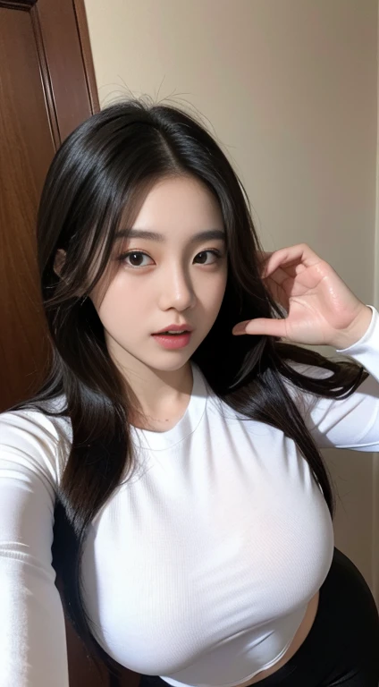 masterpiece、Highest quality、photorealistic、Ultra high definition、High resolution、16K wallpaper、Super detailed、Fine details、Realistic lighting、In a white room with a horizontal and glass theme、Selfie of one woman, Highly detailed face and skin texture、Natural Makeup、A small smile、Detailed eyes、Symmetrical black eyes、Inward layered medium hair、High quality white tight t-shirt、Gorgeous girl, Japanese Gravure Idol