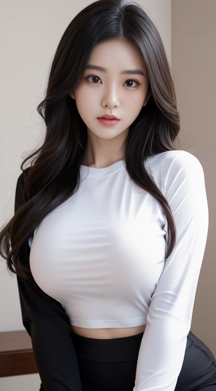 ((a beautiful asian girl,25 years old,A hair card is worn on his head,long black hair,White low-cut skinny T-shirt,huge breasts,thin waist)),((8k+ultra high resolution+ultra high definition+masterpiece+Very detailed+Award-winning+The award-winning)),(perfect face+supermodel+Delicate skin))