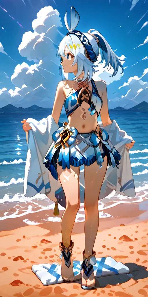 ((masterpiece, Highest quality)), (One Girl), (alone), (Focus on women), Raise the index, middle and ring fingers of your right hand, Golden Eyes, smile, Open your mouth,Swimwear , Stand on the beach, 